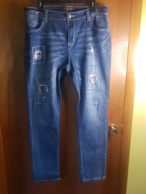 Women's Grace In LA Blue Distressed Patchwork Jeans 33 waist